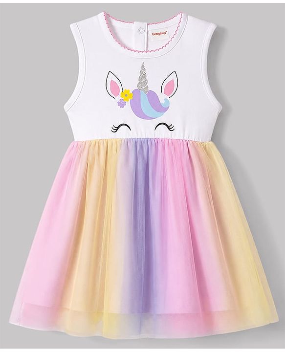 Babyhug Mesh Knit Sleeveless Unicorn Glitter Printed Frock - White