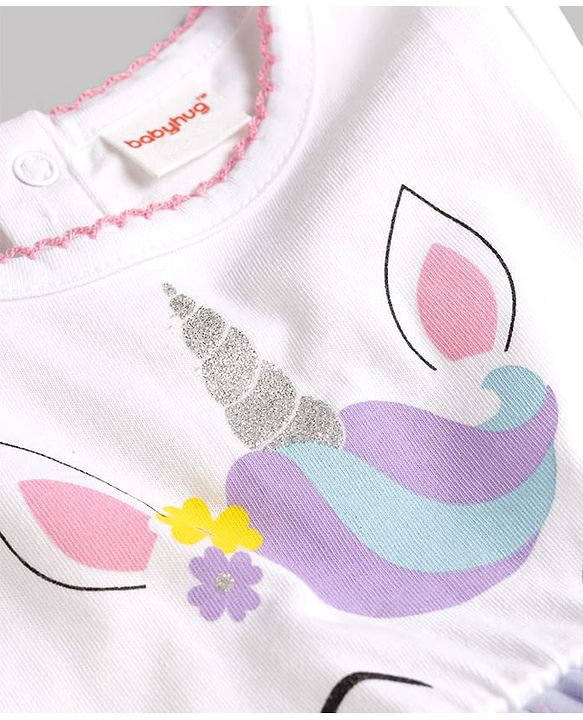 Babyhug Mesh Knit Sleeveless Unicorn Glitter Printed Frock - White