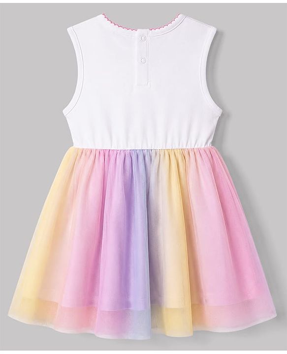 Babyhug Mesh Knit Sleeveless Unicorn Glitter Printed Frock - White