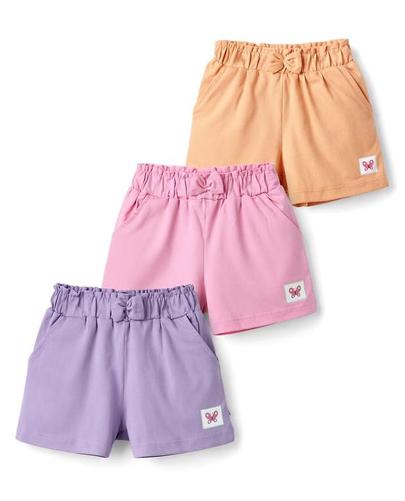 Babyhug Cotton Knit Mid Thigh Butterfly Printed Shorts With Bow Applique Pack Of 3 - Multicolor