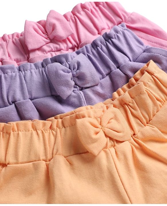 Babyhug Cotton Knit Mid Thigh Butterfly Printed Shorts With Bow Applique Pack Of 3 - Multicolor