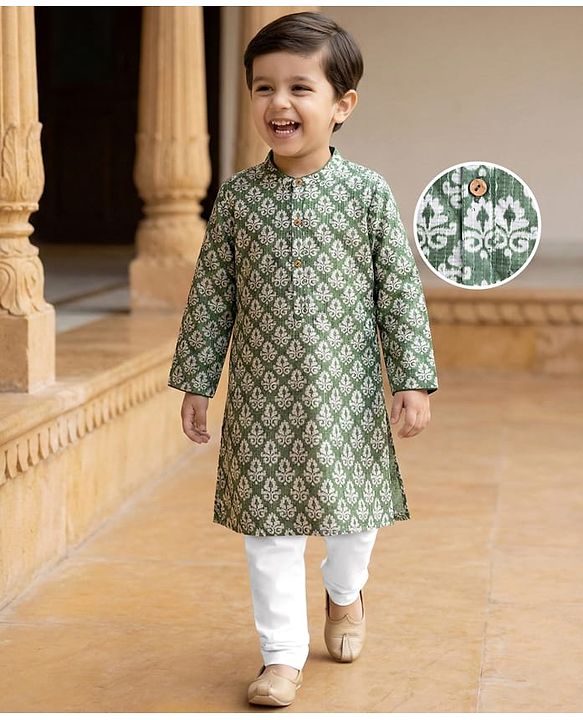 Babyhug Cotton Woven Full Sleeves Floral Print & Embroidered Kurta Pyjama Set - Green
