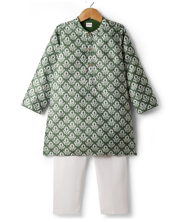 Babyhug Cotton Woven Full Sleeves Floral Print & Embroidered Kurta Pyjama Set - Green