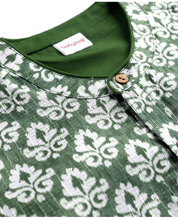Babyhug Cotton Woven Full Sleeves Floral Print & Embroidered Kurta Pyjama Set - Green