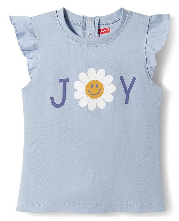 Babyhug Cotton Knit Frill Sleeves Floral Printed T-Shirt & Capri Night Suit - Light Blue