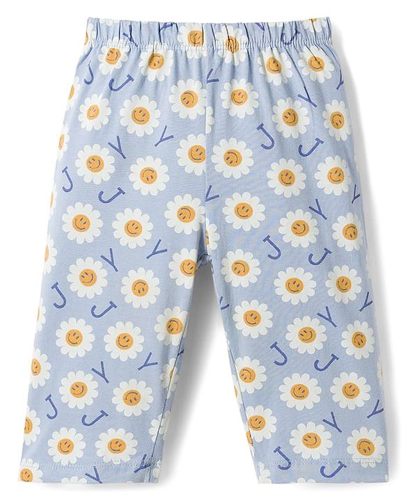 Babyhug Cotton Knit Frill Sleeves Floral Printed T-Shirt & Capri Night Suit - Light Blue