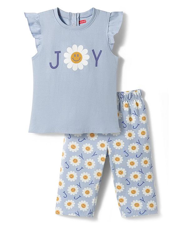 Babyhug Cotton Knit Frill Sleeves Floral Printed T-Shirt & Capri Night Suit - Light Blue
