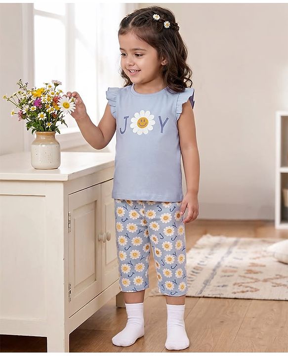 Babyhug Cotton Knit Frill Sleeves Floral Printed T-Shirt & Capri Night Suit - Light Blue