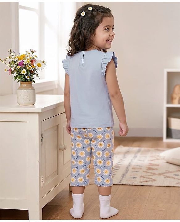 Babyhug Cotton Knit Frill Sleeves Floral Printed T-Shirt & Capri Night Suit - Light Blue