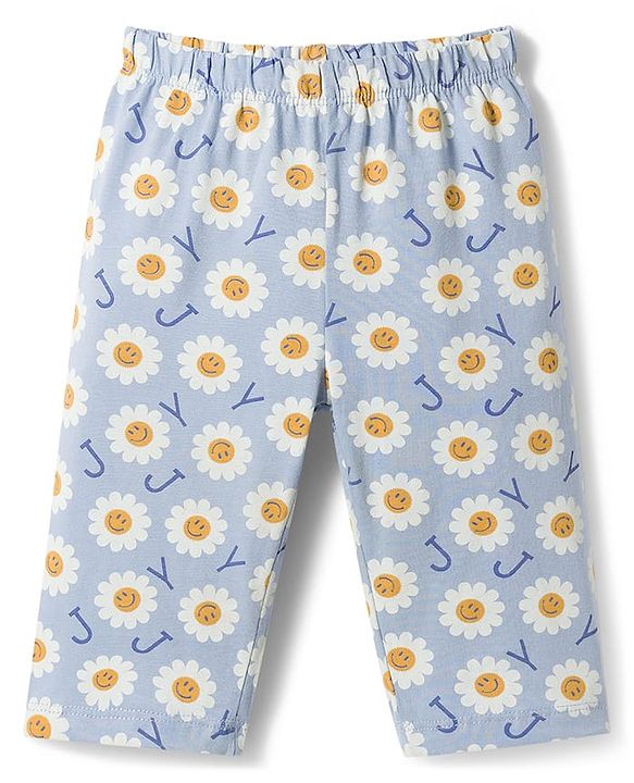 Babyhug Cotton Knit Frill Sleeves Floral Printed T-Shirt & Capri Night Suit - Light Blue