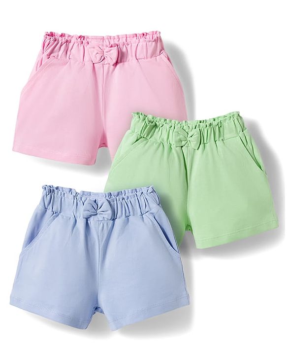 Babyhug Single Jersey Knit Mid Thigh Solid Shorts with Bow Applique Pack of 3 - Multicolor