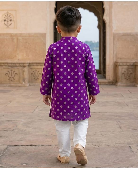 Babyhug Woven Full Sleeves Kurta Pyjama Set With Foil Print - Purple