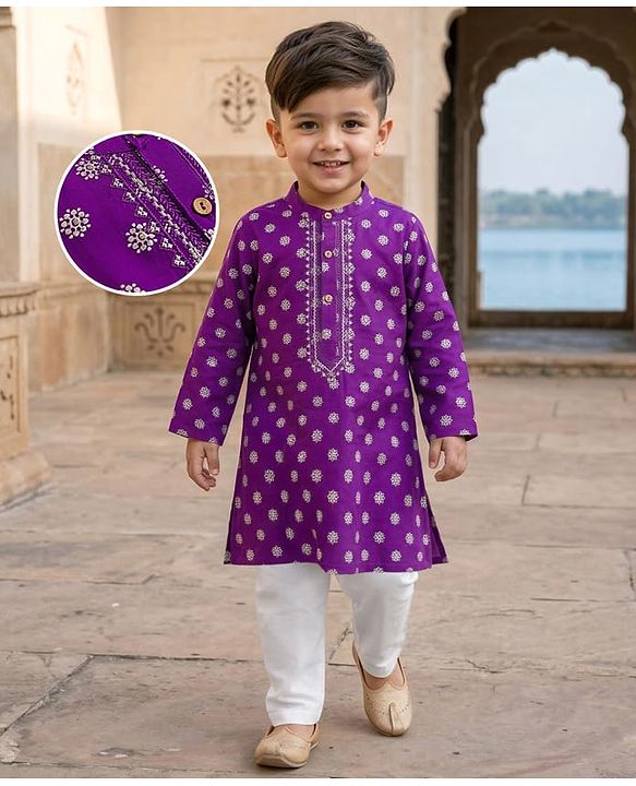Babyhug Woven Full Sleeves Kurta Pyjama Set With Foil Print - Purple