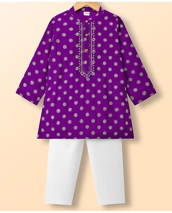 Babyhug Woven Full Sleeves Kurta Pyjama Set With Foil Print - Purple