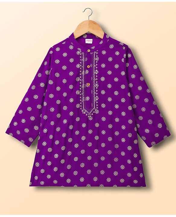 Babyhug Woven Full Sleeves Kurta Pyjama Set With Foil Print - Purple