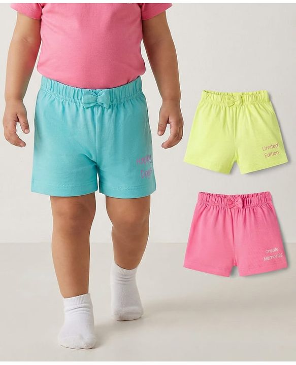 Babyhug 100% Cotton Knit Mid Thigh Shorts with Text Print & Bow Applique Pack of 3 - Multicolor