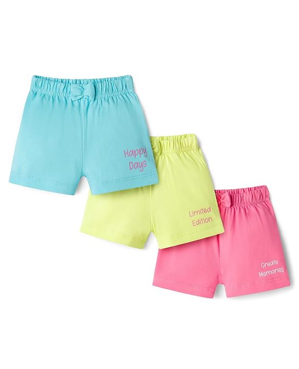 Babyhug 100% Cotton Knit Mid Thigh Shorts with Text Print & Bow Applique Pack of 3 - Multicolor