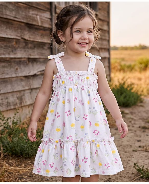 Babyhug Knitted One Piece Dresses/Frocks with Shoulder Straps and Floral Print White 3-6 Months