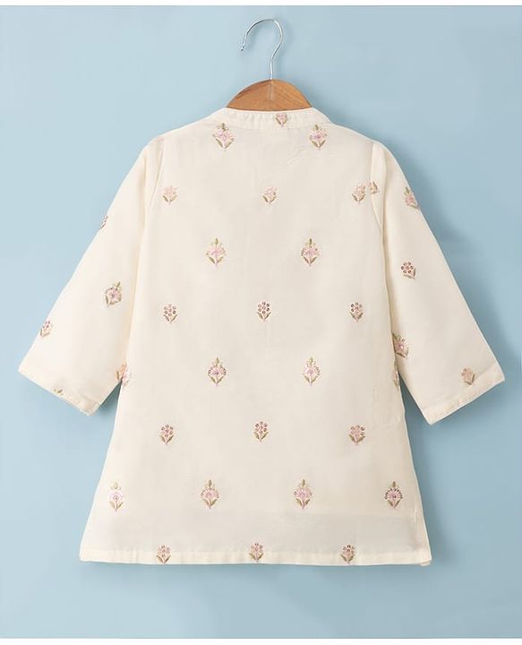 Babyhug Cotton Blend Woven Full Sleeves Kurta Pyjama Set with Floral Sequin Embroidery - Offwhite