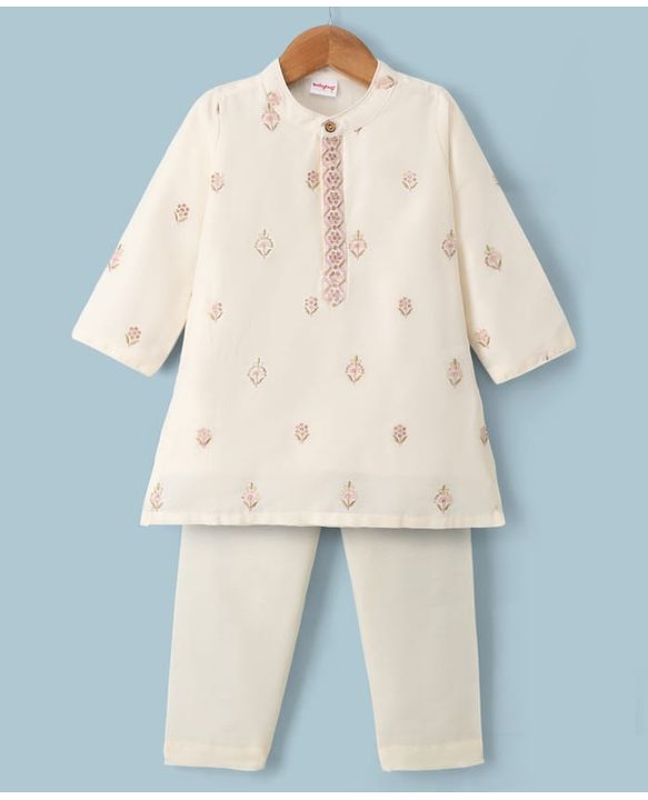 Babyhug Cotton Blend Woven Full Sleeves Kurta Pyjama Set with Floral Sequin Embroidery - Offwhite
