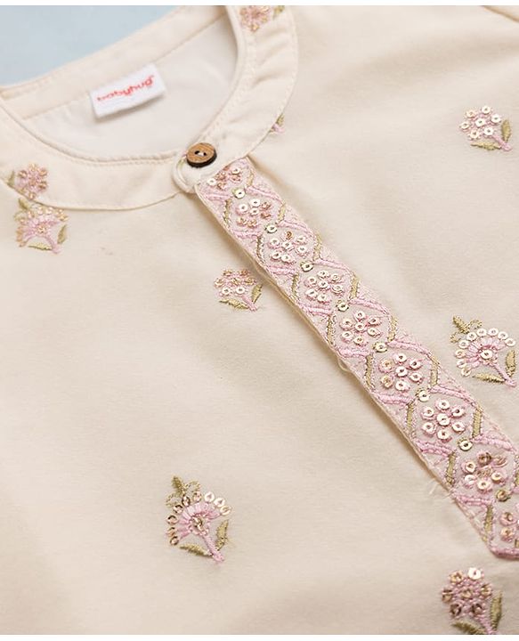 Babyhug Cotton Blend Woven Full Sleeves Kurta Pyjama Set with Floral Sequin Embroidery - Offwhite