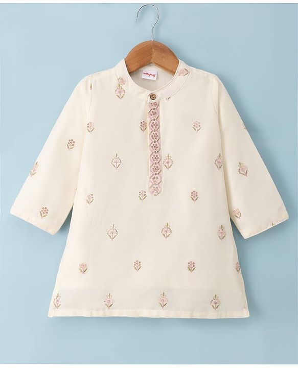 Babyhug Cotton Blend Woven Full Sleeves Kurta Pyjama Set with Floral Sequin Embroidery - Offwhite