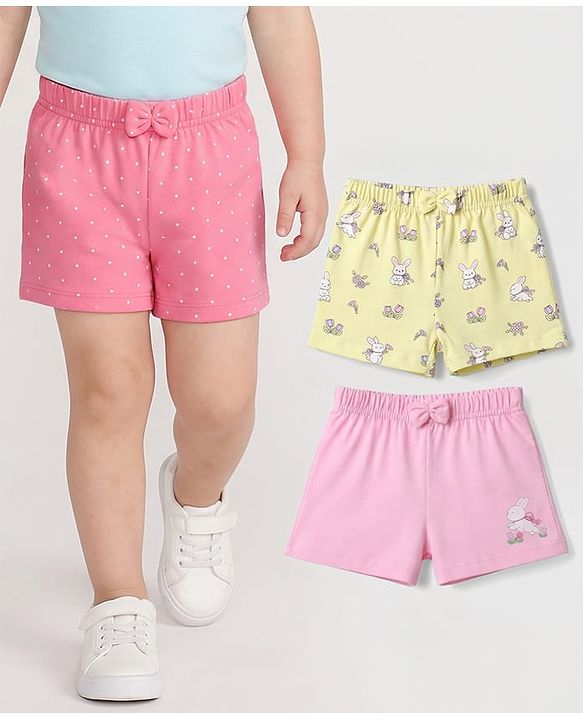 Babyhug Single Jersey Knit Mid Thigh Shorts With Polka Dots & Bunny Print Pack of 3 - Multicolor
