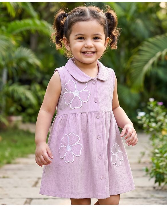 Babyhug 100% Cotton Knit Sleeveless Frock With Floral Applique - Lavender