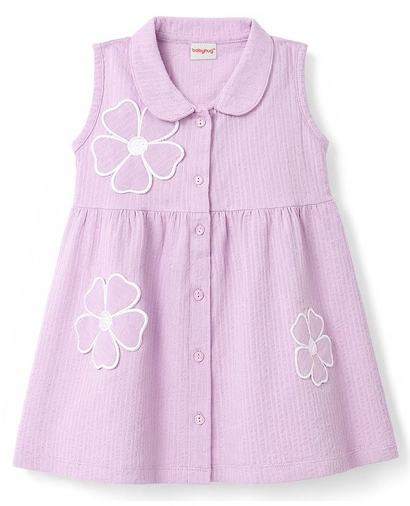 Babyhug 100% Cotton Knit Sleeveless Frock With Floral Applique - Lavender