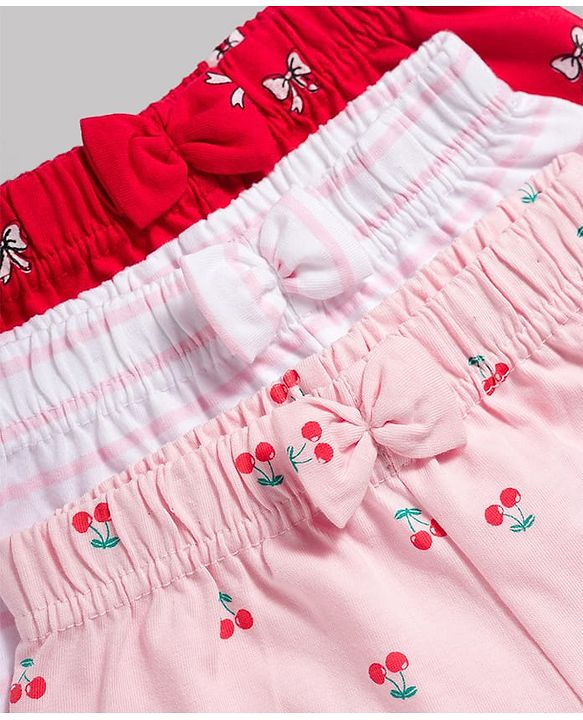 Babyhug Single Jersey Knit Mid Thigh Shorts with Cherry & Bow Print Pack of 3 - Multicolor