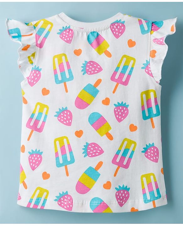 Babyhug Cotton Knit Frill Sleeves Co-ords T-Shirt & Capri Night Suit with Popsicle Print - White