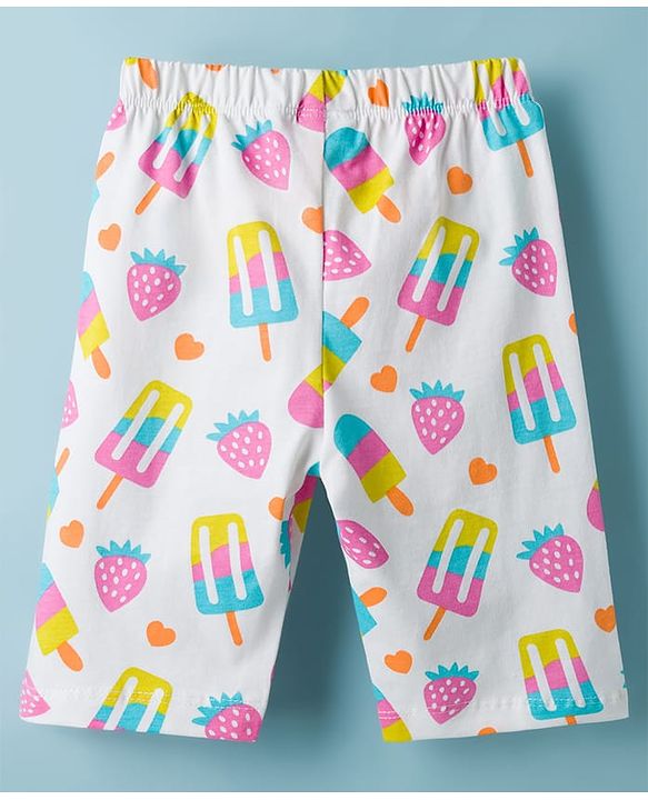 Babyhug Cotton Knit Frill Sleeves Co-ords T-Shirt & Capri Night Suit with Popsicle Print - White