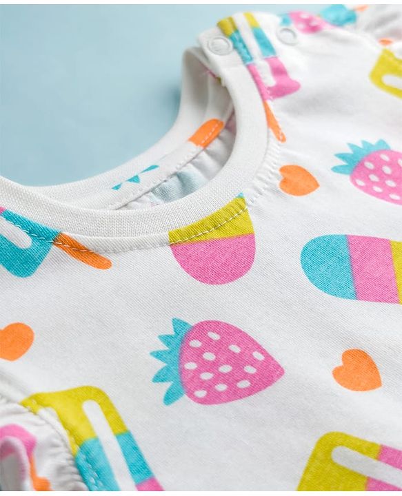 Babyhug Cotton Knit Frill Sleeves Co-ords T-Shirt & Capri Night Suit with Popsicle Print - White