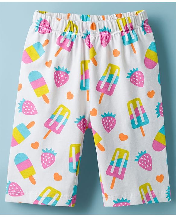 Babyhug Cotton Knit Frill Sleeves Co-ords T-Shirt & Capri Night Suit with Popsicle Print - White