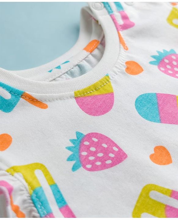 Babyhug Cotton Knit Frill Sleeves Co-ords T-Shirt & Capri Night Suit with Popsicle Print - White