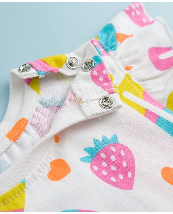 Babyhug Cotton Knit Frill Sleeves Co-ords T-Shirt & Capri Night Suit with Popsicle Print - White