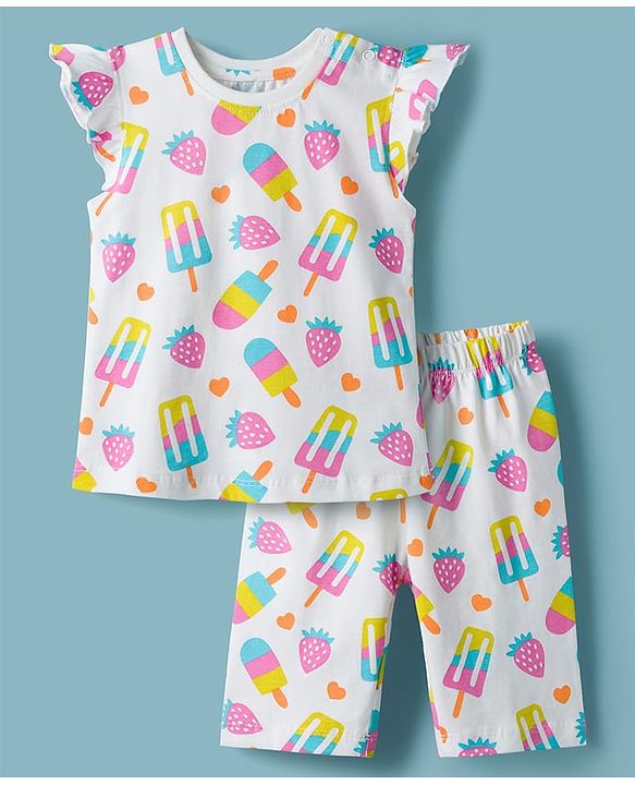 Babyhug Cotton Knit Frill Sleeves Co-ords T-Shirt & Capri Night Suit with Popsicle Print - White