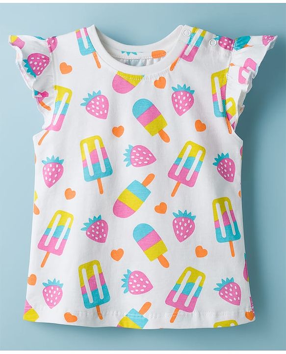 Babyhug Cotton Knit Frill Sleeves Co-ords T-Shirt & Capri Night Suit with Popsicle Print - White