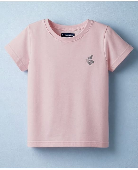 Pine Kids Cotton Knit Half Sleeves T-Shirt With Butterfly Glitter Print - Light Pink