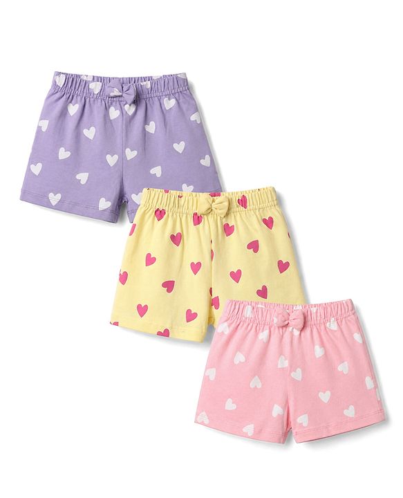 Babyhug Single Jersey Knit Mid Thigh Shorts With Heart Print & Bow Applique Pack of 3 - Multicolor