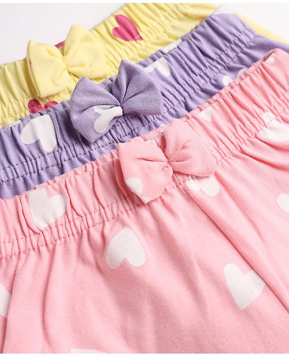 Babyhug Single Jersey Knit Mid Thigh Shorts With Heart Print & Bow Applique Pack of 3 - Multicolor