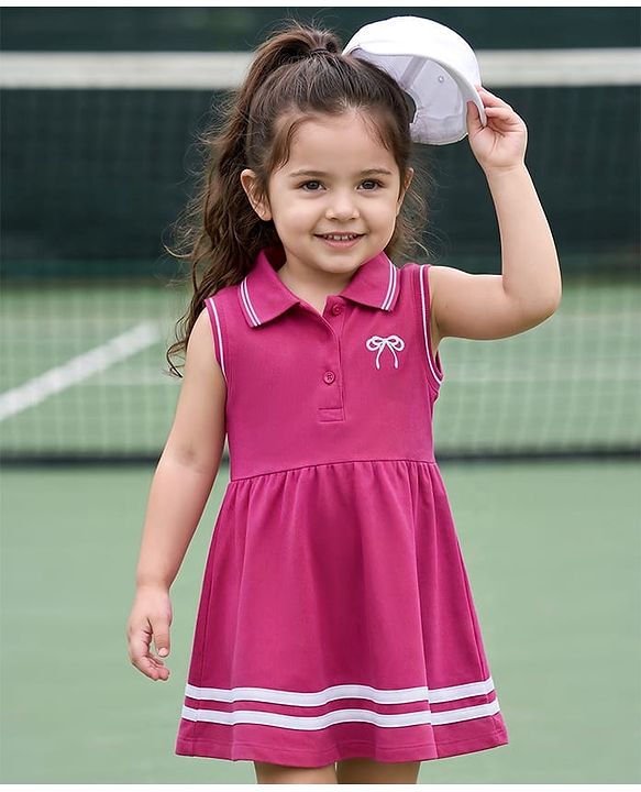 Babyhug  Knitted Sleeveless Polo Neck One Piece Dress/Frock With Bow Print - Pink