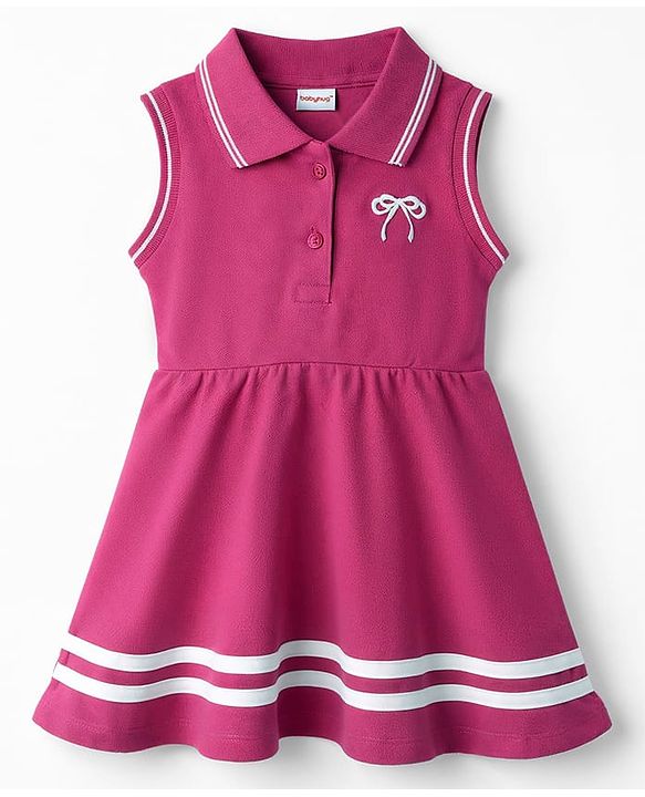 Babyhug  Knitted Sleeveless Polo Neck One Piece Dress/Frock With Bow Print - Pink