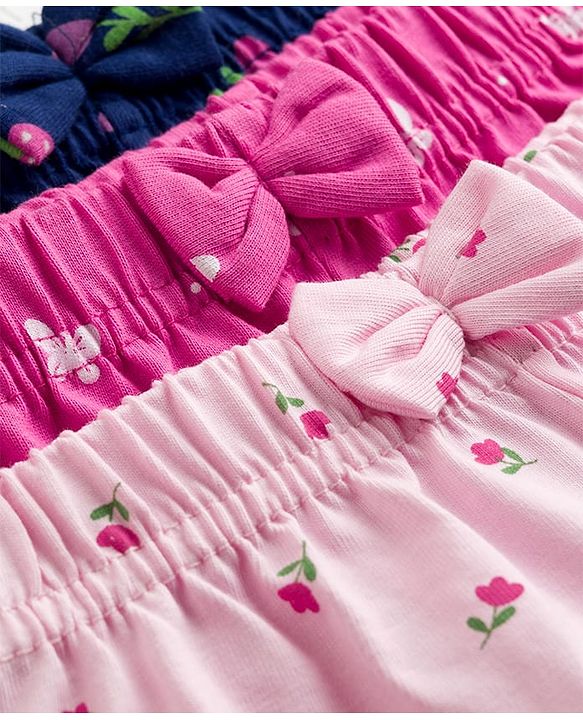 Babyhug Single Jersey Knit Mid Thigh Printed Shorts with Bow Applique Pack of 3 - Multicolor