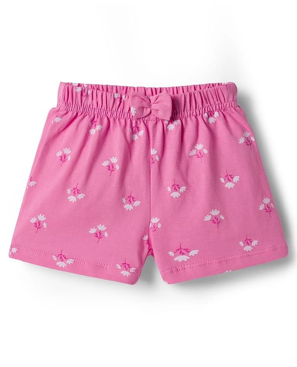 Babyhug Cotton Knit Mid Thigh Floral Printed Shorts With Bpw Applique Pack of 2 -Multicolour