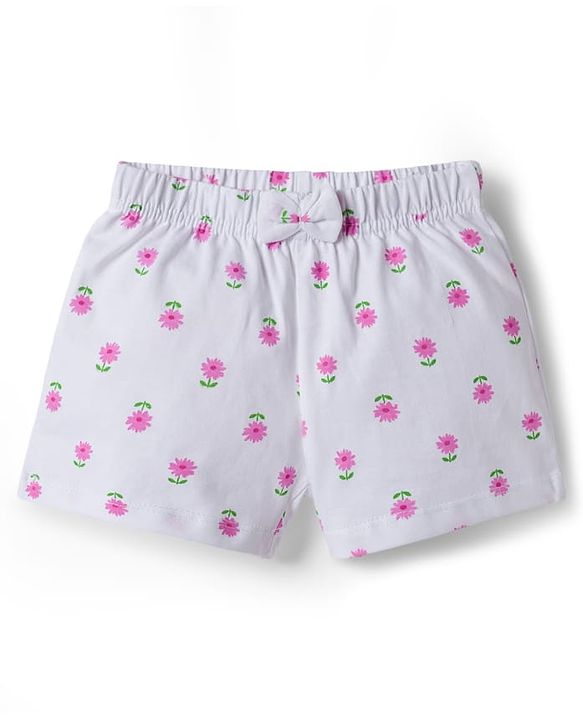 Babyhug Cotton Knit Mid Thigh Floral Printed Shorts With Bpw Applique Pack of 2 -Multicolour