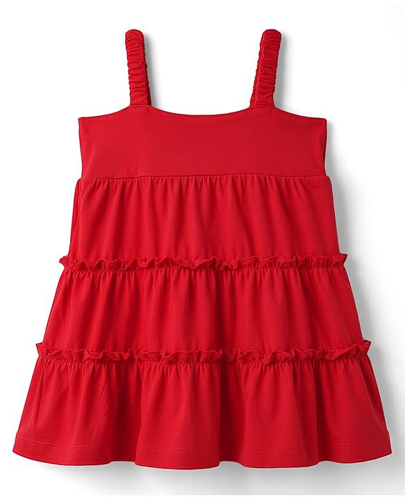Babyhug 100% Cotton Knit Sleeveless Cherry Embroidered Tiered Frock - Red