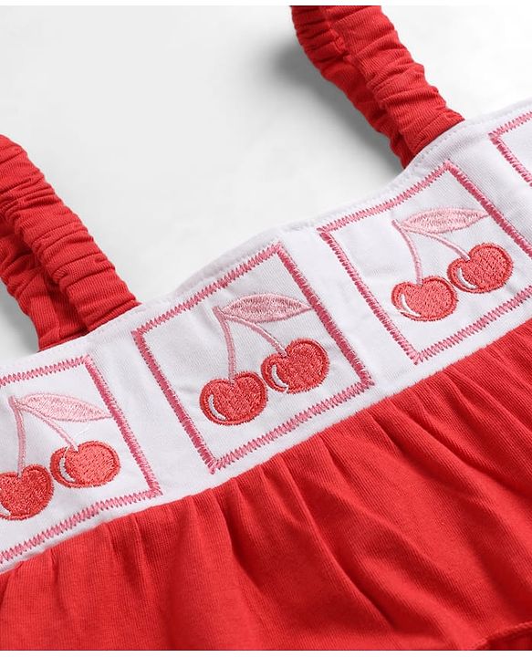 Babyhug 100% Cotton Knit Sleeveless Cherry Embroidered Tiered Frock - Red