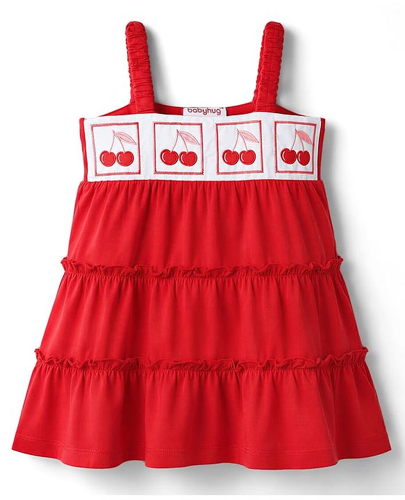 Babyhug 100% Cotton Knit Sleeveless Cherry Embroidered Tiered Frock - Red