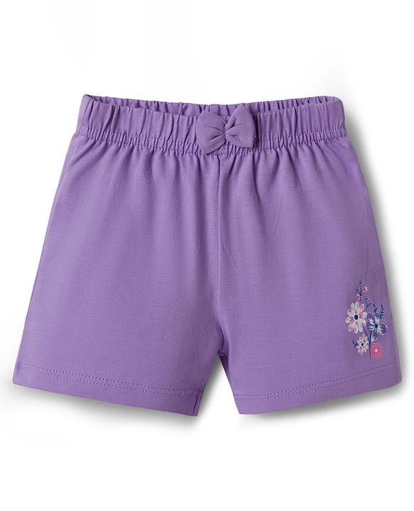Babyhug Cotton Knit Mid Thigh Floral Printed Shorts With Bow Applique - Multicolour